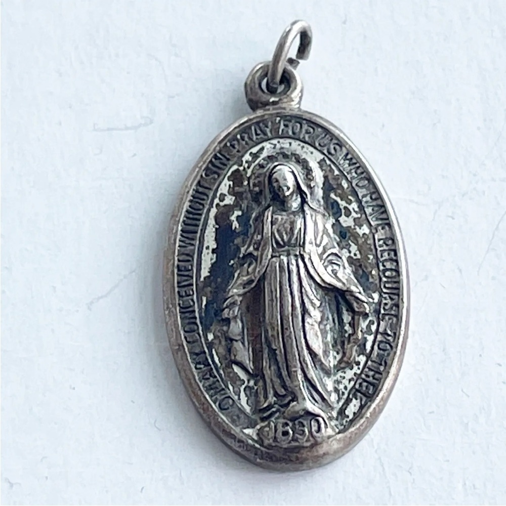 Vintage O Mary Conceived Without Sin Pray For Us Creed Sterling Medal Pendant